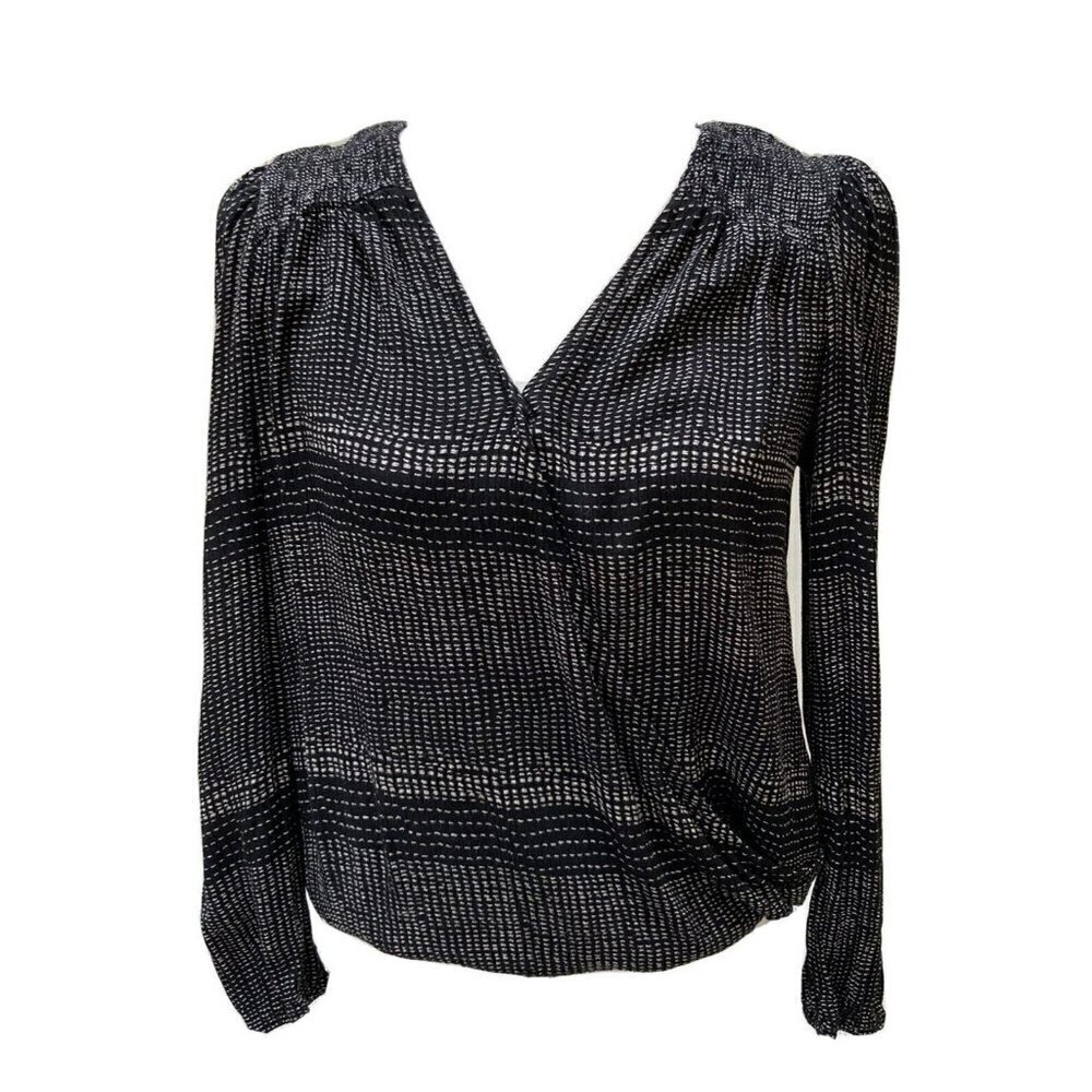 Knox Rose Women’s Black White Faux Wrap Long Sleeve Elastic Waist Top Bl…‎
